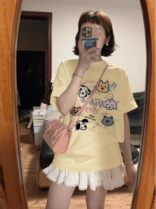 Line puppy graffiti print pure cotton milk yellow short-sleeved T-shirt for women summer new loose casual versatile top