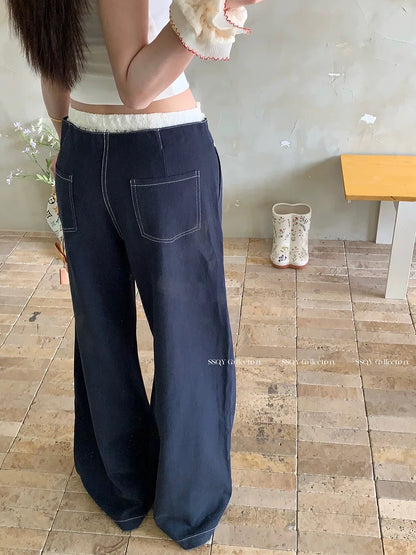 PPHOME lace stitching waist wide-leg casual pants women's summer navy blue straight pants hot girl low waist mopping pants