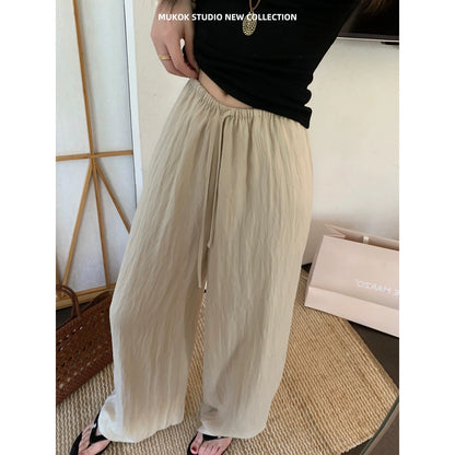 MUKOK Thin Texture Water Ripple Casual Wide Leg Pants Elastic High Waist Lyocell Tencel Floor-Mopping Pants