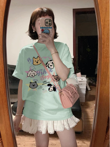 Line puppy graffiti print pure cotton milk yellow short-sleeved T-shirt for women summer new loose casual versatile top