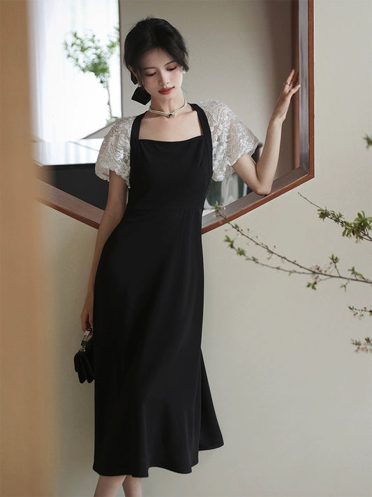 The plums are ripe [Diamond Dinner] French lace puff sleeve dress new retro palace style little black dress