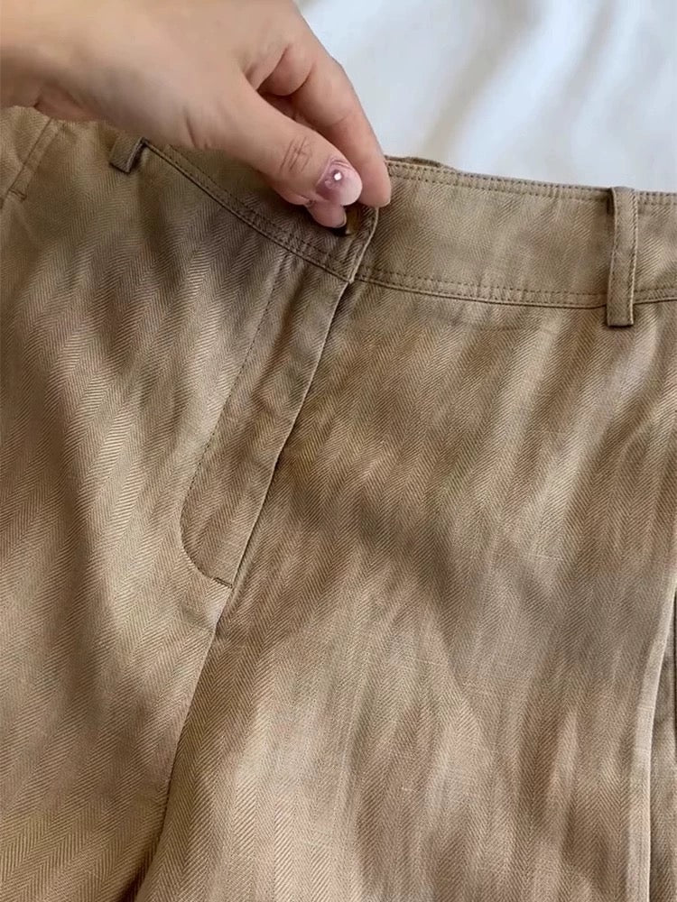 Linen outfit for age-reducing white polo shirt cotton and linen khaki wide-leg pants two-piece suit for women in summer