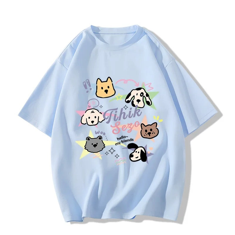 Line puppy graffiti print pure cotton milk yellow short-sleeved T-shirt for women summer new loose casual versatile top