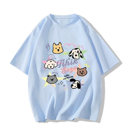 Line puppy graffiti print pure cotton milk yellow short-sleeved T-shirt for women summer new loose casual versatile top