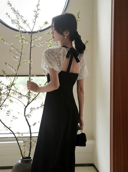 The plums are ripe [Diamond Dinner] French lace puff sleeve dress new retro palace style little black dress