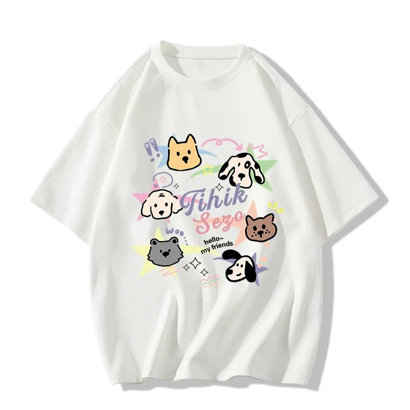 Line puppy graffiti print pure cotton milk yellow short-sleeved T-shirt for women summer new loose casual versatile top