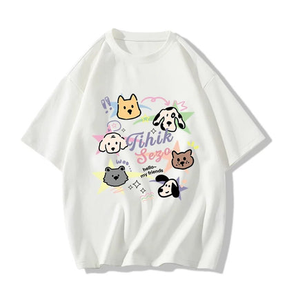 Line puppy graffiti print pure cotton milk yellow short-sleeved T-shirt for women summer new loose casual versatile top