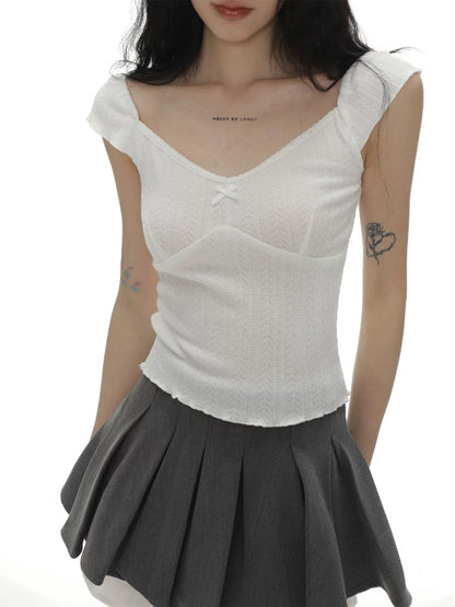 [Designer Style] Bow-knotted lace short-sleeved T-shirt for women in summer pure lusty midriff-baring crop top