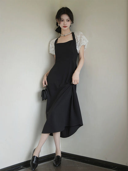 The plums are ripe [Diamond Dinner] French lace puff sleeve dress new retro palace style little black dress