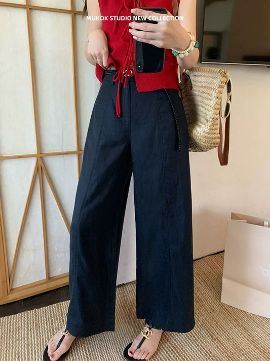 MUKOK Heavy Linen Tencel 200g Super Soft Cool Pants High Waist Slim Nine Points Wide Leg Pants