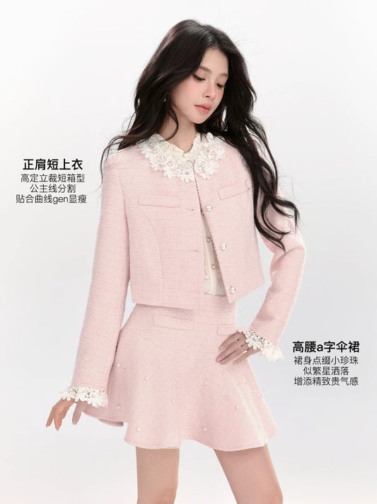 FanTu French-style Pink Two-Piece Suit Skirt Set for Women, Autumn 2025 - Sweet and Elegant Two-Piece Set (Top and Skirt)