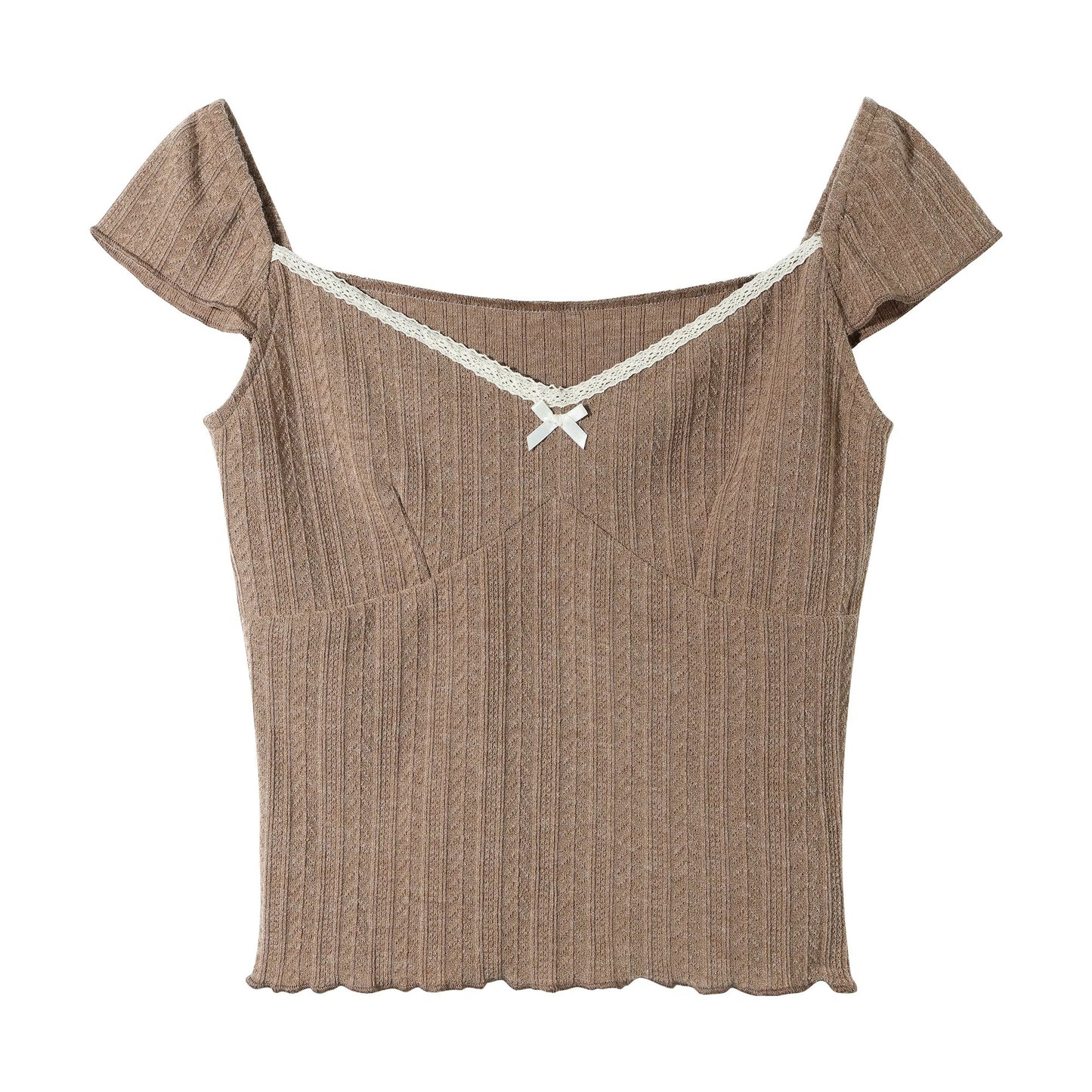 [Designer Style] Bow-knotted lace short-sleeved T-shirt for women in summer pure lusty midriff-baring crop top