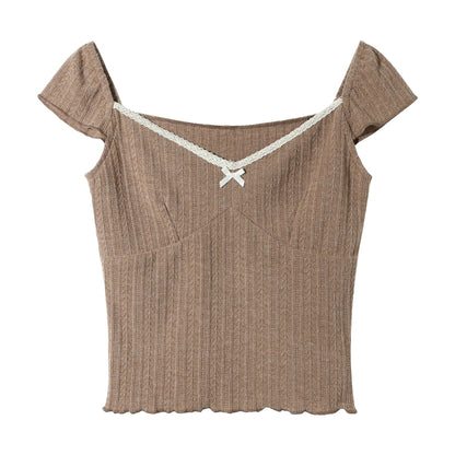 [Designer Style] Bow-knotted lace short-sleeved T-shirt for women in summer pure lusty midriff-baring crop top