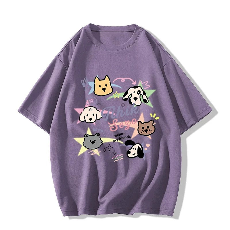 Line puppy graffiti print pure cotton milk yellow short-sleeved T-shirt for women summer new loose casual versatile top