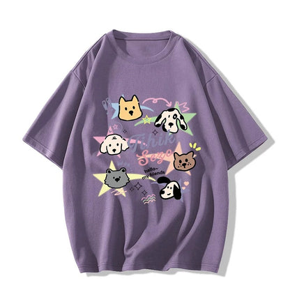 Line puppy graffiti print pure cotton milk yellow short-sleeved T-shirt for women summer new loose casual versatile top