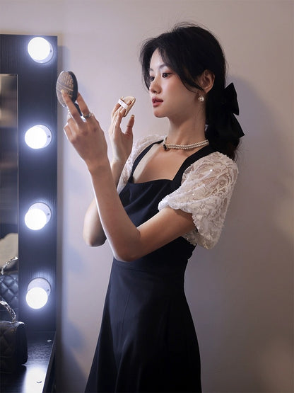 The plums are ripe [Diamond Dinner] French lace puff sleeve dress new retro palace style little black dress