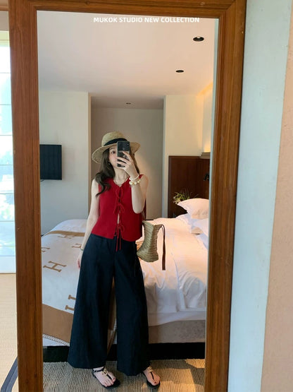 MUKOK Heavy Linen Tencel 200g Super Soft Cool Pants High Waist Slim Nine Points Wide Leg Pants