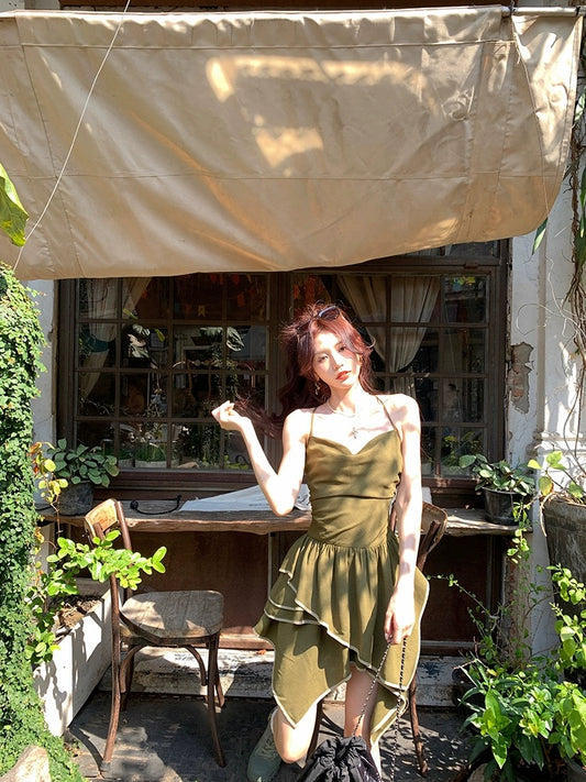 Eight-cover pinky piggy chivalry green irregular dress women's retro waist a-line suspender skirt