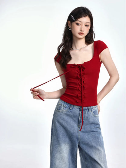 SHIYIYUE American strappy low-neck short-sleeved T-shirt for women in summer hot girls slim waist and wear a straight shoulder short top