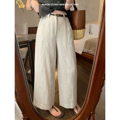 MUKOK Heavy Linen Tencel 200g Super Soft Cool Pants High Waist Slim Nine Points Wide Leg Pants