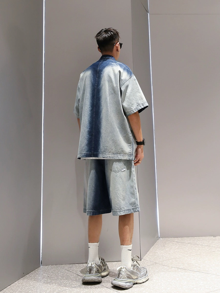 Youshu gradient heavy short-sleeved shirt shorts suit men's summer casual loose American fashion brand denim suit