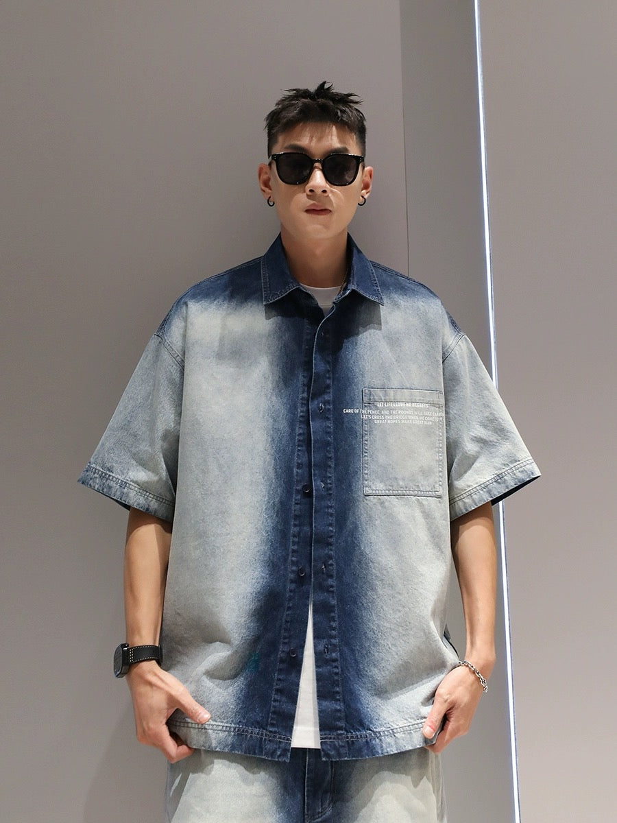 Youshu gradient heavy short-sleeved shirt shorts suit men's summer casual loose American fashion brand denim suit