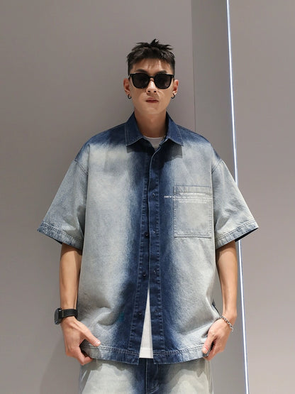 Youshu gradient heavy short-sleeved shirt shorts suit men's summer casual loose American fashion brand denim suit
