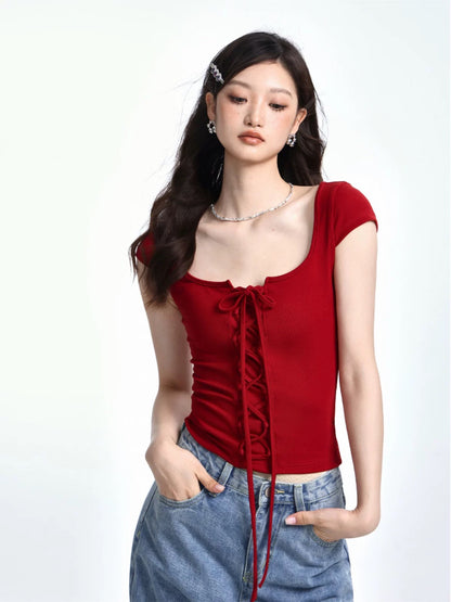 SHIYIYUE American strappy low-neck short-sleeved T-shirt for women in summer hot girls slim waist and wear a straight shoulder short top