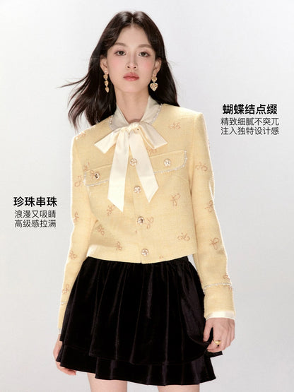FanTu Heavy Industry Elegant-Style Jacket 2025 Autumn New Arrival Bow Embroidery Short Top for Women