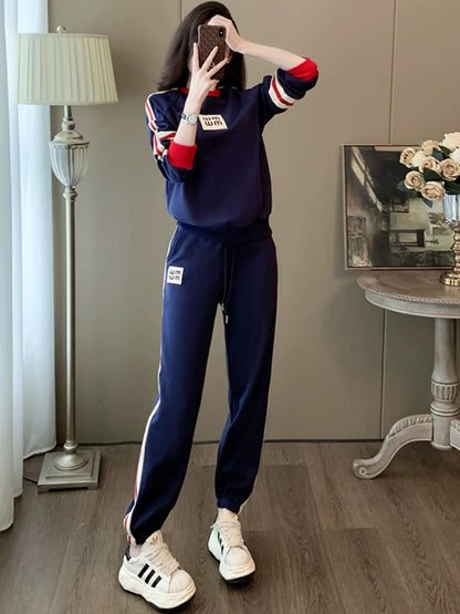 Fashion sports casual suits for women 2025 autumn and winter new style fashion long-sleeved round neck sweatshirt plus velvet thickened two-piece suit