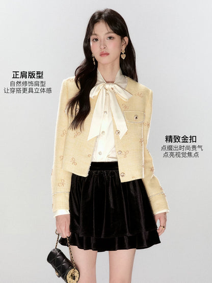 FanTu Heavy Industry Elegant-Style Jacket 2025 Autumn New Arrival Bow Embroidery Short Top for Women