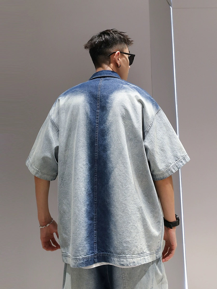 Youshu gradient heavy short-sleeved shirt shorts suit men's summer casual loose American fashion brand denim suit