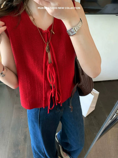 MUKOK Osmanthus needle numb cool pure cotton lace-up knitted cardigan French sleeveless versatile top