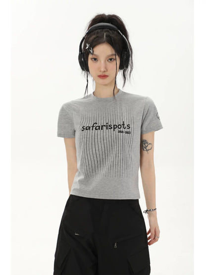 SHIYIYUE American retro gray right shoulder short-sleeved T-shirt for women summer design vertical striped hot girl short top