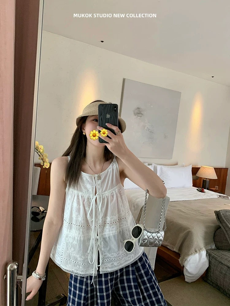 MUKOK Heavy Work Positioning Embroidery Custom Fabric Elegant Boat Neck Drawstring Top Sleeveless Hollow Short Shirt