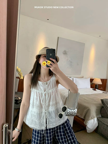 MUKOK Heavy Work Positioning Embroidery Custom Fabric Elegant Boat Neck Drawstring Top Sleeveless Hollow Short Shirt