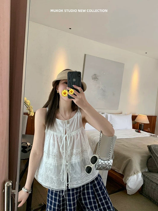 MUKOK Heavy Work Positioning Embroidery Custom Fabric Elegant Boat Neck Drawstring Top Sleeveless Hollow Short Shirt