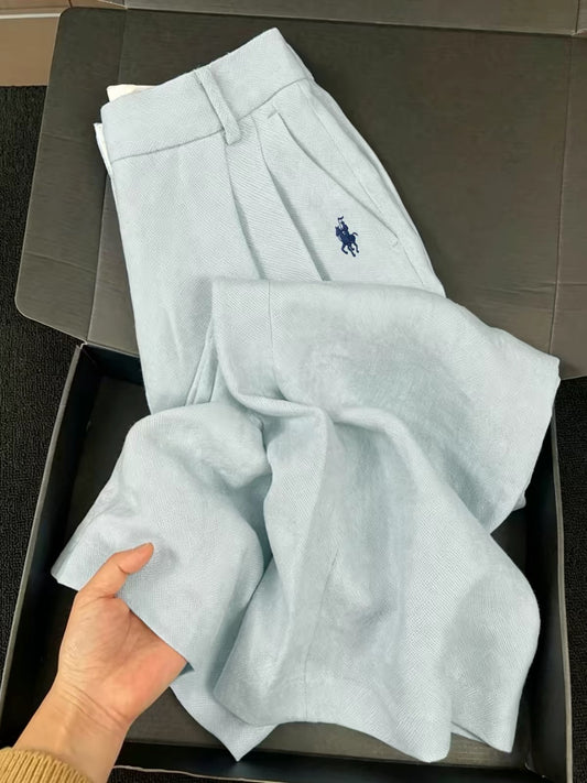 Women's "Old Money" Style Cotton-Linen Wide-Leg Trousers – High-Waisted, Loose Fit with a Relaxed Drape; Features Small Horse Embroidery.