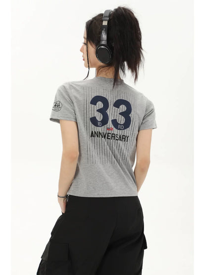 SHIYIYUE American retro gray right shoulder short-sleeved T-shirt for women summer design vertical striped hot girl short top