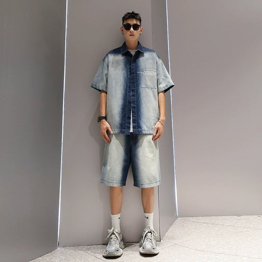 Youshu gradient heavy short-sleeved shirt shorts suit men's summer casual loose American fashion brand denim suit