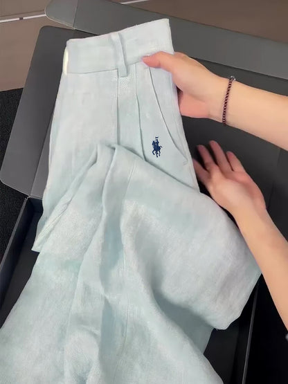 Women's "Old Money" Style Cotton-Linen Wide-Leg Trousers – High-Waisted, Loose Fit with a Relaxed Drape; Features Small Horse Embroidery.