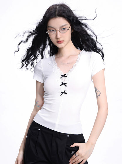 shi Y i Y UE American retro Gray right shoulder short-sleeve DT-shirt for our summer design vertical striped hot girl short top