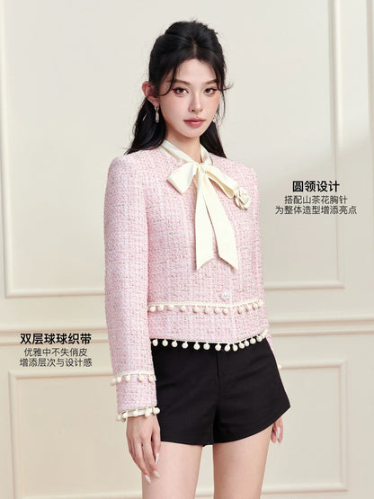 FanTu French-style elegant pink-inspired jacket for women, 2025 autumn/winter new style, camellia-patterned short top...