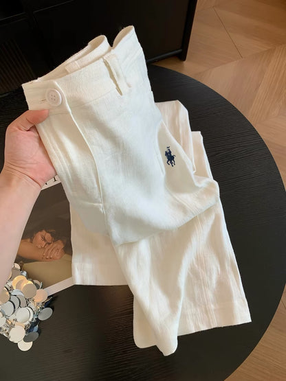Women's White High-Waisted Linen Casual Trousers with Small Pony Embroidery – "Old Money" Aesthetic – New 2026 Summer Collection – Relaxed-Fit Cotton-Linen Pants