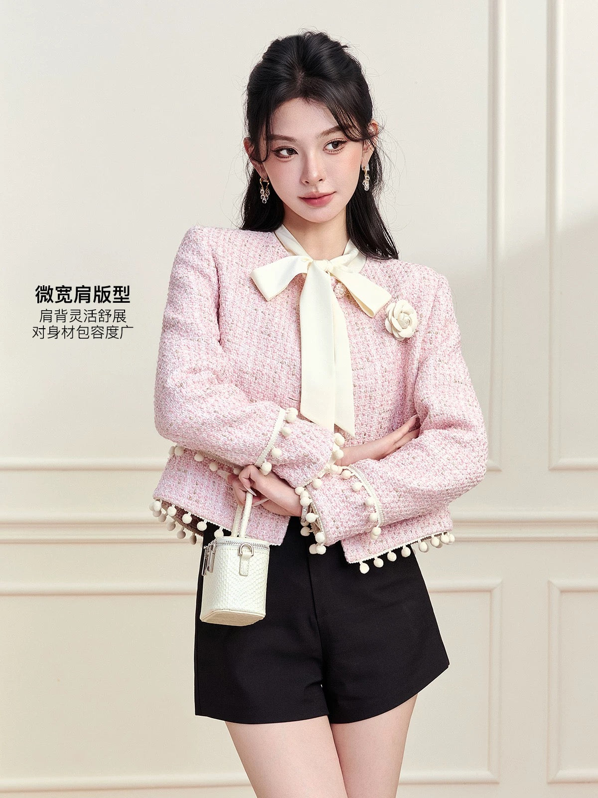 FanTu French-style elegant pink-inspired jacket for women, 2025 autumn/winter new style, camellia-patterned short top...