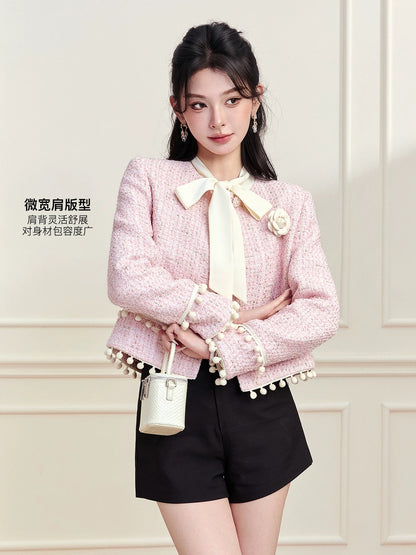 FanTu French-style elegant pink-inspired jacket for women, 2025 autumn/winter new style, camellia-patterned short top...