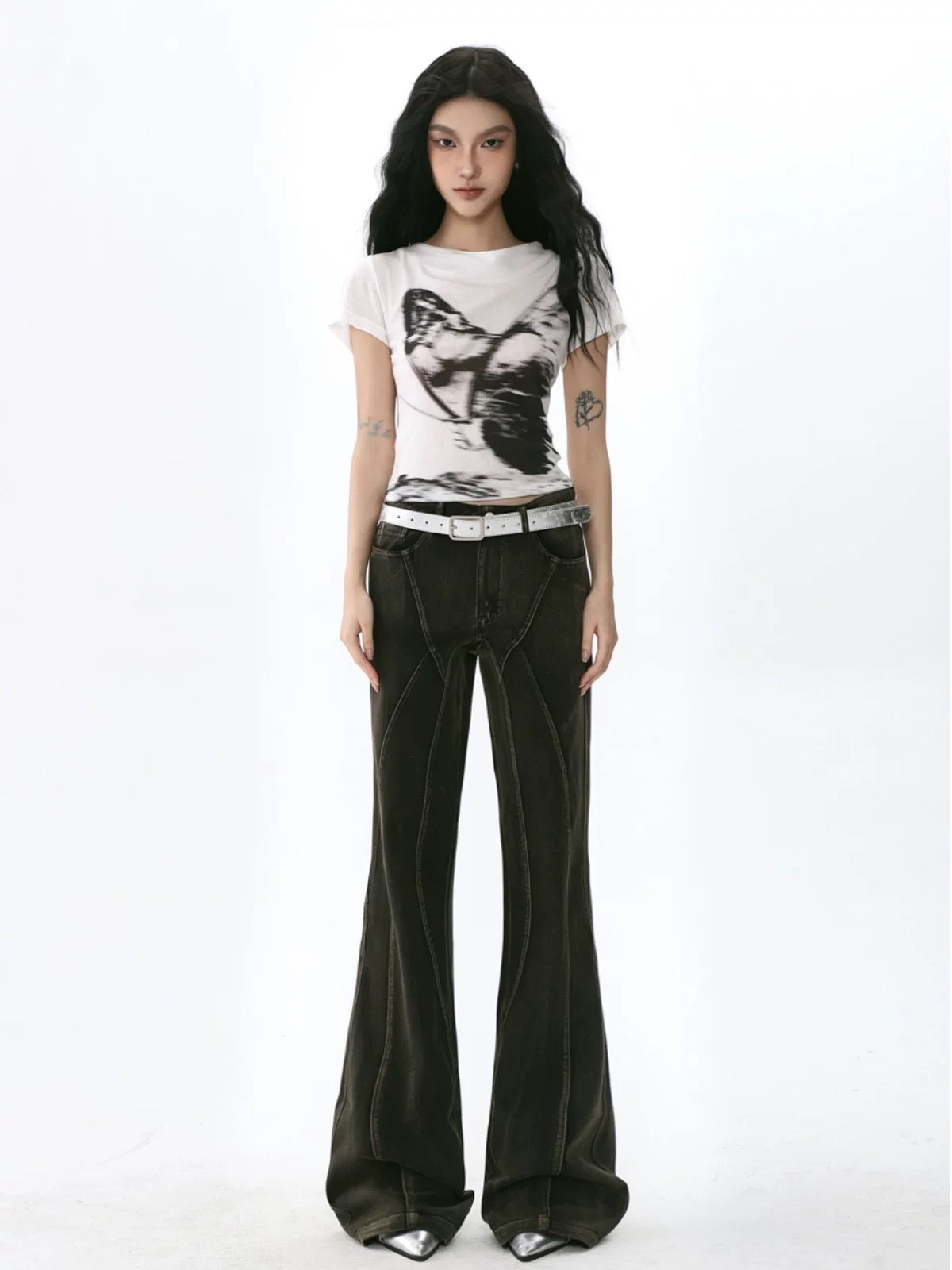 SHIYIYUE American butterfly print short-sleeved T-shirt retro hot girl niche swing collar right shoulder short slim top