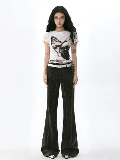 SHIYIYUE American butterfly print short-sleeved T-shirt retro hot girl niche swing collar right shoulder short slim top