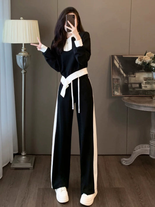 High-end European sports casual suits for women 2025 autumn fashion slim color matching sweatshirt wide leg pants temperament two-piece suit