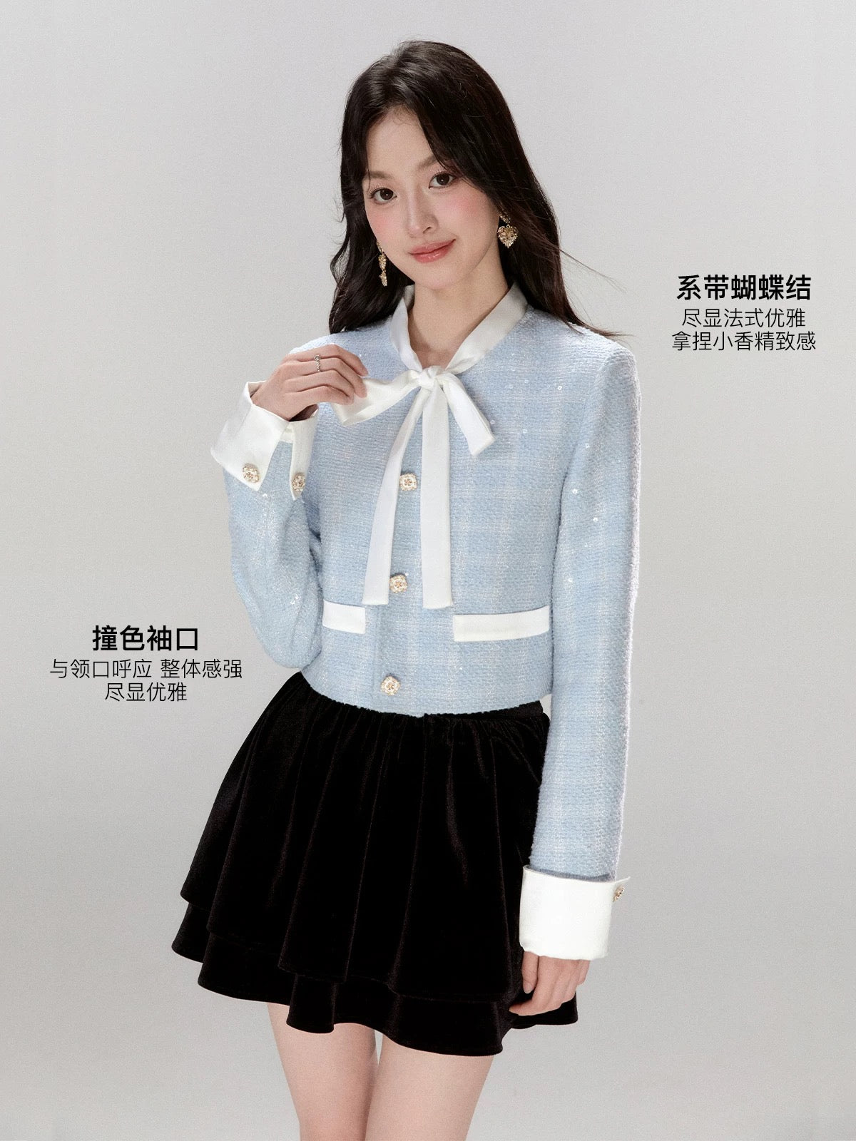 FanTu Blue French Bow  Style Jacket Women's Autumn 2025 New Style Petite Gentle and Elegant Top